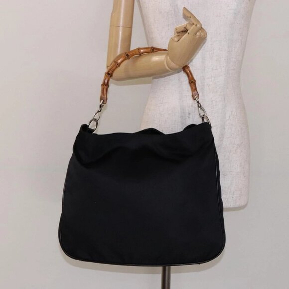GUCCI Bamboo Hand Bag Nylon Black Silver 001 3754 1577 Auth ep10001 - Picture 1 of 16